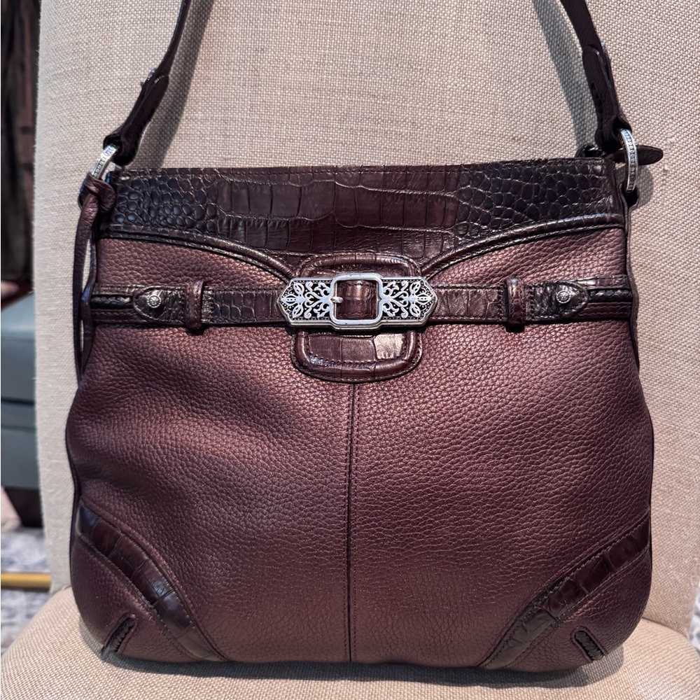 Brighten Chic Dark Brown Shoulder Bag with Croc-Embossed Trim